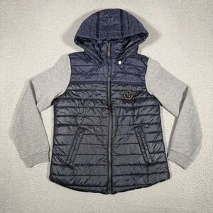 Philipp Plein Navy Quilted Hooded Performance Jacket with Gray Sleeves